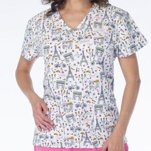 NWT Women’s Medium Mon Amie Paris Print Scrubfinity Basix Scrub Top